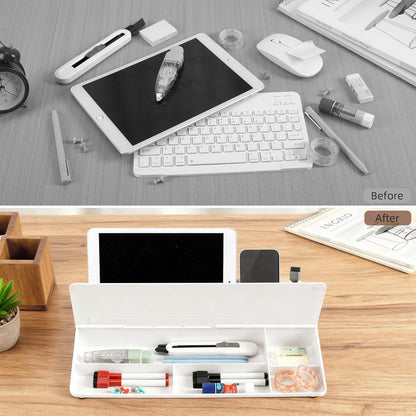 VUSIGN Small Dry Erase Board with Storage, 6.8" x 15.8" Glass Desk Whiteboard, Desk Board with Computer Keyboard Stand & Built-in Drawer, Includes 4 Markers, 1 Eraser for Office, Home, School