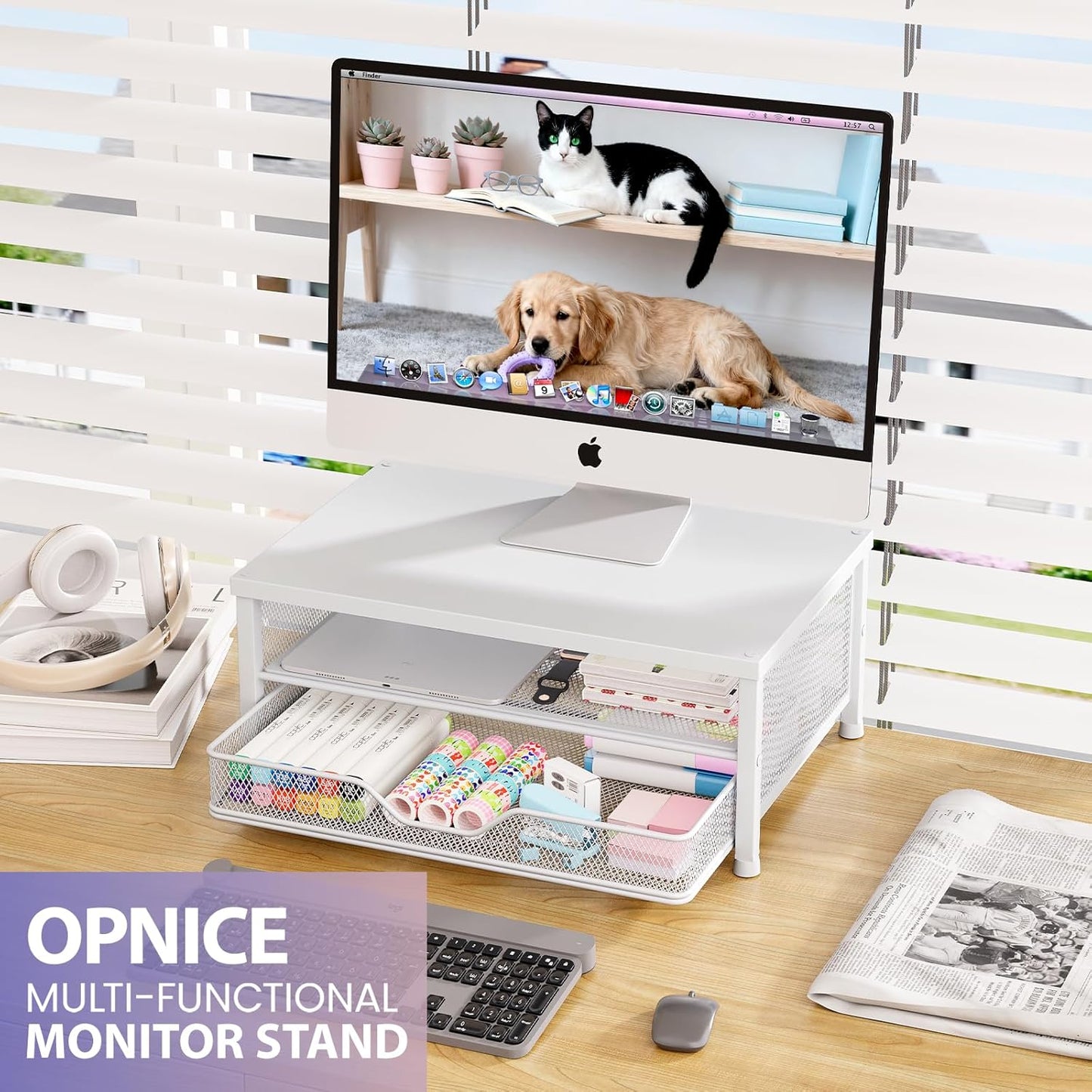 OPNICE Computer Monitor Stand Riser, Desk Organizer with Drawer, Printer & Laptop Stand, Office Desk Accessories & Workspace Desktop Organizers Storage for Office Supplies(Black)