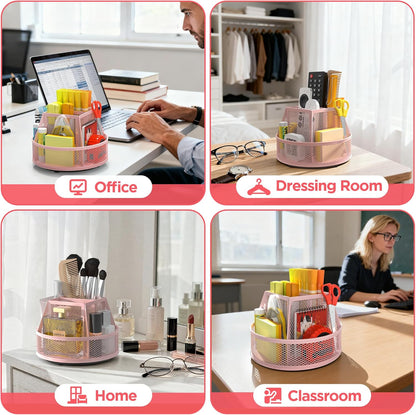 Docnest 360° Rotating Pen Holder,Heavy-Duty Metal Mesh Desk Organizer with 6 Compartments for Pencils,Scissors & Markers –Space Saving Office Supply for Teachers, Students & Home Desk-Black