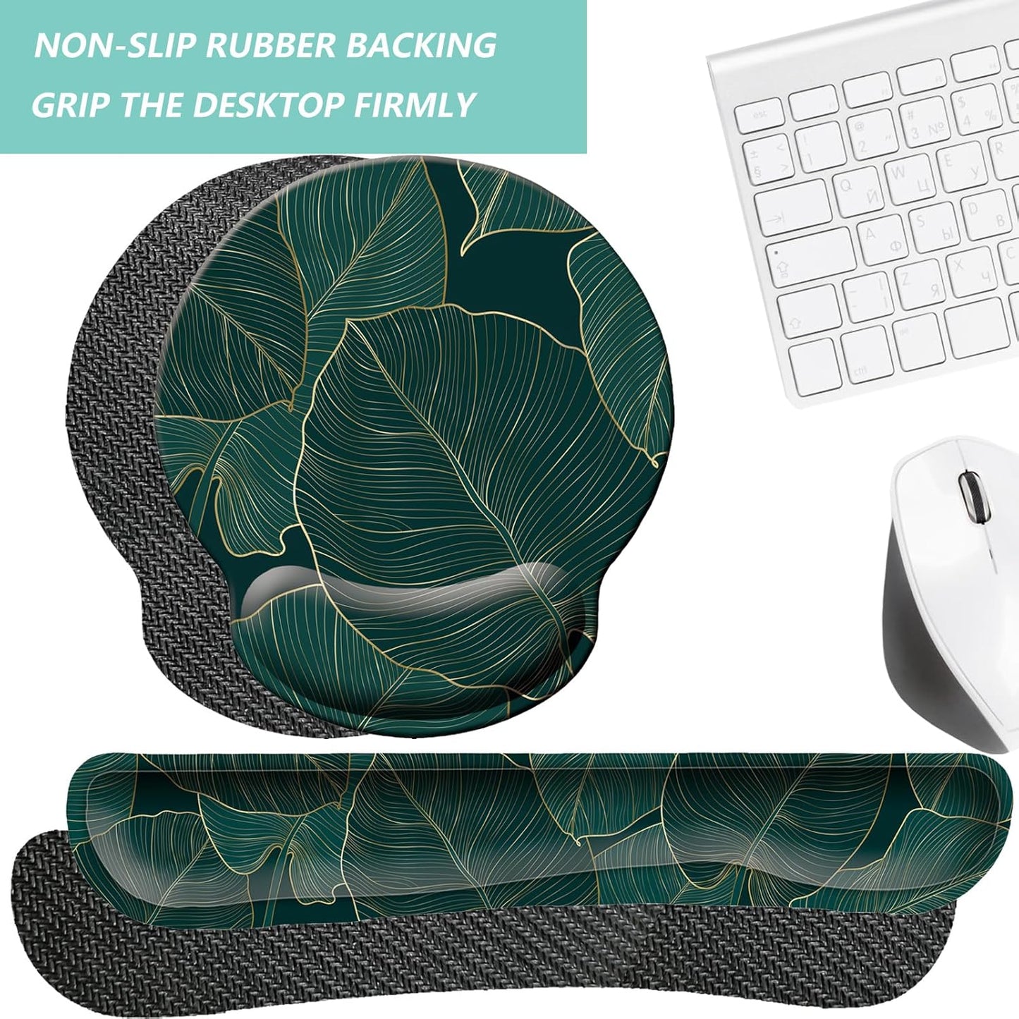 Keyboard Wrist Rest Pad Mouse Pad with Wrist Support Set of 3, Mousepad with Non-Slip Rubber Base, Ergonomic Memory Foam Mouse Wrist Cushion Support for Home Office Laptop Computer Gaming, Forest