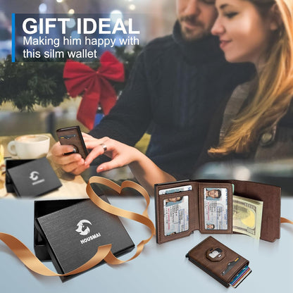 Airtag Wallet for Men,with Cash Pocket 2 ID Window 10+ Cards,Metal Case Smart Slim Pop Up Credit Card Holder Flip with Magnetic Closure RFID Blocking Trifold Leather wallet with Gift Box