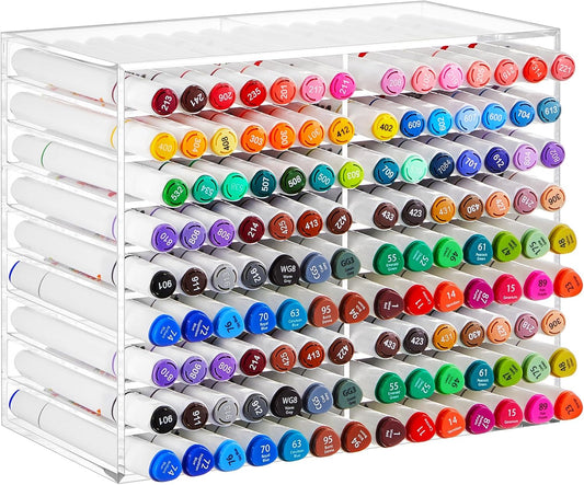 MotiMind Acrylic Marker Organizer for 189 Marker, Large Art Pencil Holder Storage Rack for Desk, Pens Art Brushes Display Stand with 27 Compartments for Desktop, Office (clear, 189 Capacity)