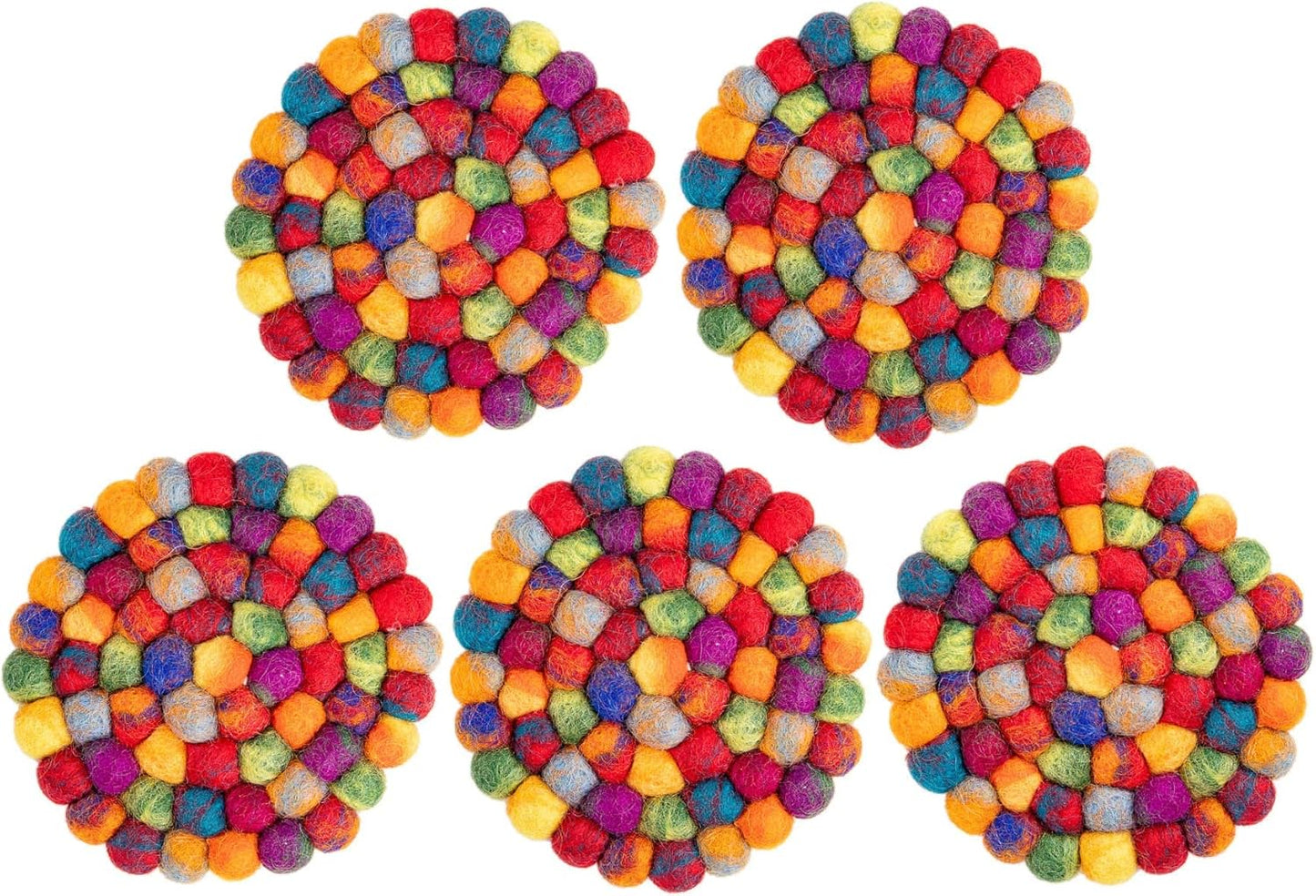Round Felt Ball Coasters - 100% Merino Wool Table Coasters - Felt Coaster Pads, Absorbent Trivet for Drinks - Heat Resistant, Thick & Durable Hand Felted - Woolygon - Multicolor Set of 5 (Rainbow)