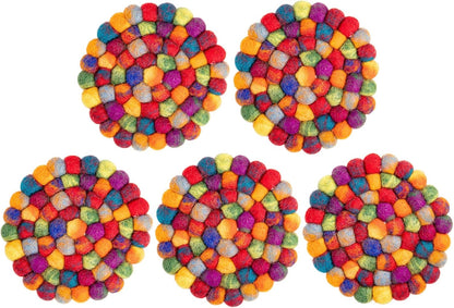 Round Felt Ball Coasters - 100% Merino Wool Table Coasters - Felt Coaster Pads, Absorbent Trivet for Drinks - Heat Resistant, Thick & Durable Hand Felted - Woolygon - Multicolor Set of 5 (Rainbow)