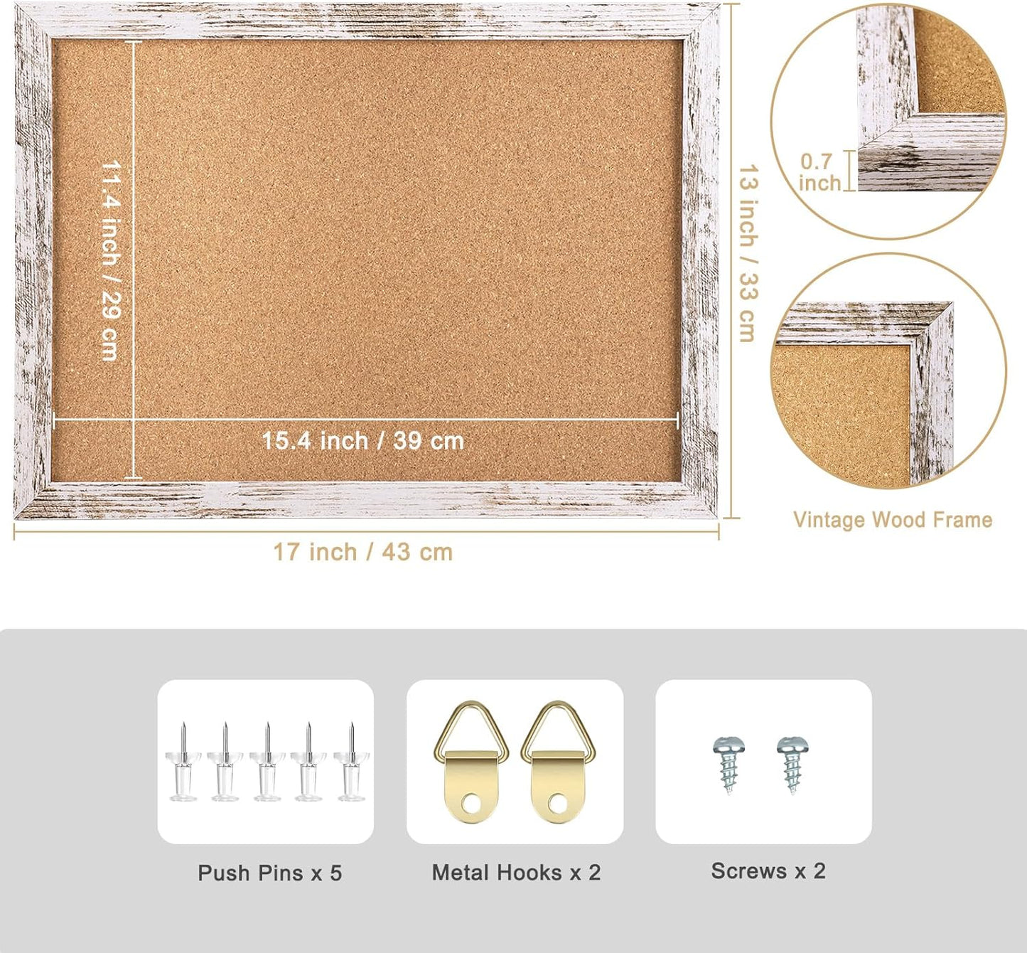 Cork Board Bulletin Board, 11.8x8.6 inches Mini Decorative Hanging Framed Cork Boards for Walls, Pin Board Vision Board for School Home Office, Bulletin Board with Wooden Frame(2230,WH,1p)