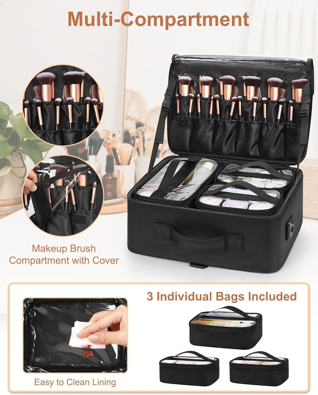 Relavel Makeup Case Large Makeup Bag Professional Train Case 16.5 inches Travel Cosmetic Organizer Brush Holder Waterproof Makeup Artist Storage Box, 3 Layer Large Capacity, with Adjustable Strap