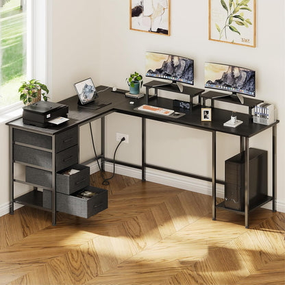 Korfile 59 inch L Shaped Computer Desk with Power Outlets, Home Office Desk with 4 Adjustable Storage Drawers & 2 Monitor Stands, Two Person Gaming Table for Bedroom, Black