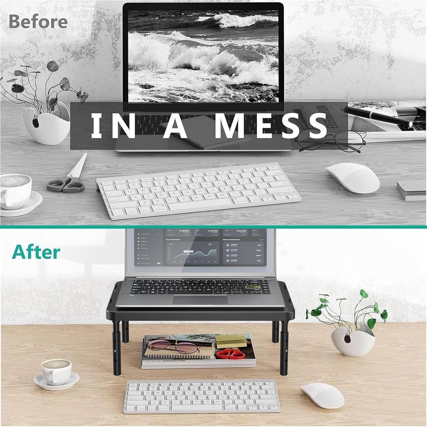 WALI Computer Monitor Stand for Desk, Adjustable Laptop Riser, Desk Monitor Stand Underneath Storage for Office, Home, School Supplies (STT003), 1 Pack, Black