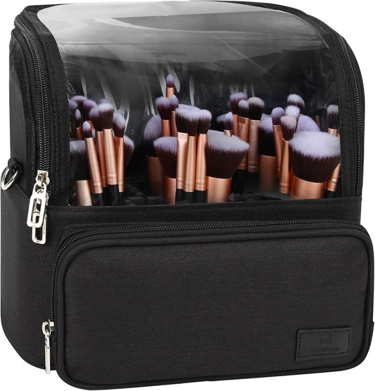 Makeup Brush Bag, Makeup Brush Holder Travel Stand-up Makeup Cup Large Makeup Brush Organizer Case Professional Cosmetic Bag Artist Storage Bag with Adjustable Divider (Large, Black)
