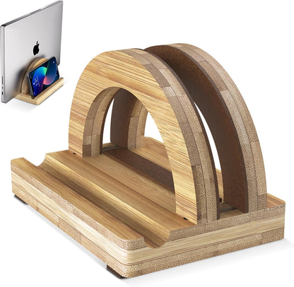 Kothar Premium Wood Vertical Laptop Stand - Adjustable Single Slot Bamboo Holder for MacBook, Dell, HP, and More | Space-Saving Desktop Organizer | Eco-Friendly, Sleek & Durable Design