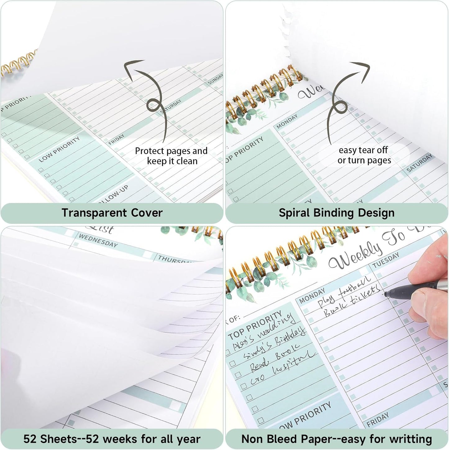 Weekly To Do List Notepad, 8.5''x11'' Weekly Desk Planner with 52 Tear Off Sheets Undated Weekly Planner Habit Tracker & Productivity Organizer for Home School and Work, Light Green