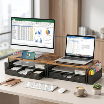 ECOLOVI Desk Organizer and Accessories, 2-Tier Computer Monitor Stand Rise with Storage Drawer & 2 Pen Holders, Laptop & Printer Stand for Desktop, Workspace Organizers for Office Supplies (Brown)