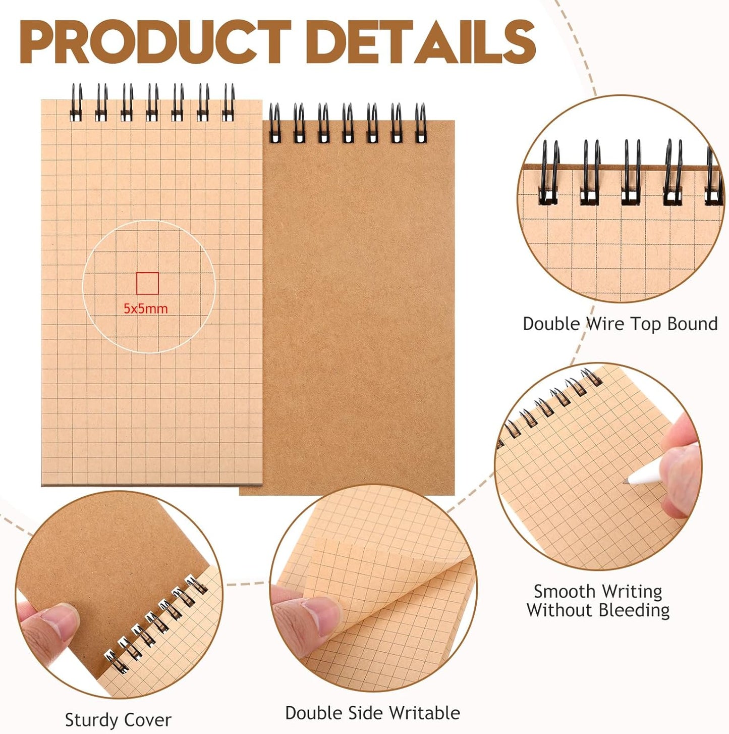 Jutom 2 Pcs Mini Pocket Notebooks Bulk 3x5 Graph Paper Top Spiral Notebook 120 Pages 80 Gsm Mini Grid Notepads for Personal Organizers Home Classroom Business Work Supplies (Kraft)