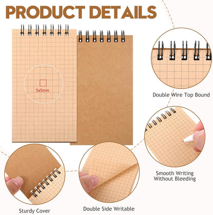 Jutom 2 Pcs Mini Pocket Notebooks Bulk 3x5 Graph Paper Top Spiral Notebook 120 Pages 80 Gsm Mini Grid Notepads for Personal Organizers Home Classroom Business Work Supplies (Kraft)