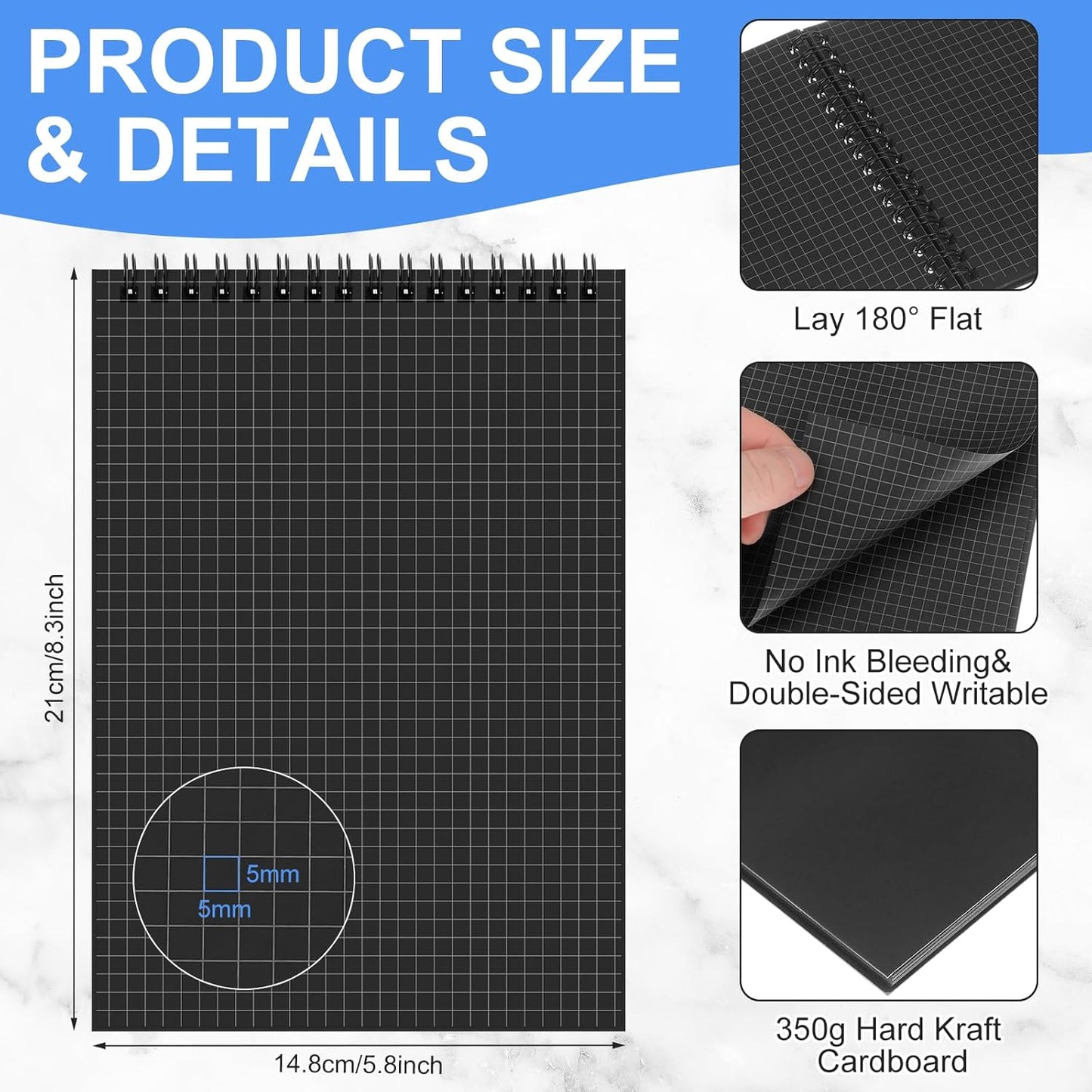 Engrowtic 6 Pack Graph Paper Spiral Notepad A5 Top Wirebound Notepad Grid Notebook Steno Pad Memo Notebook Grid Paper 140 Pages for Writing Sketching Drawing Office Supply (Black)