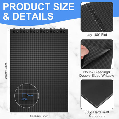 Engrowtic 6 Pack Graph Paper Spiral Notepad A5 Top Wirebound Notepad Grid Notebook Steno Pad Memo Notebook Grid Paper 140 Pages for Writing Sketching Drawing Office Supply (Black)