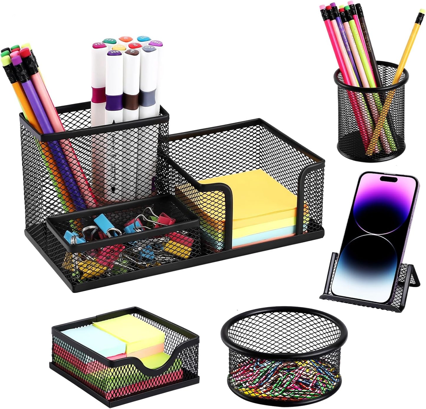 2-Piece Desk Pen & Pencil Organizer - Mesh Metal Pen Cup with Sticky Notes Holder, Black | Pen Cup