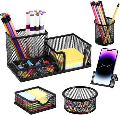 2-Piece Desk Pen & Pencil Organizer - Mesh Metal Pen Cup with Sticky Notes Holder, Black | Pen Cup