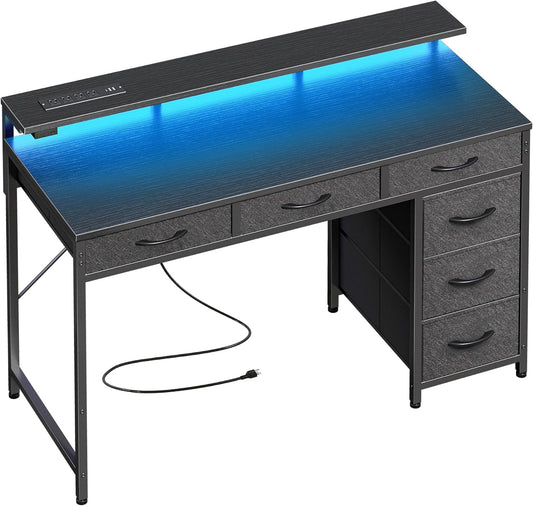 Huuger Gaming Desk with 6 Drawers, Computer Desk with LED Lights Power Outlets and Type-C, 47 Inch Office Desk with Storage, Monitor Stand, Writing Desk Work Desk Home Office, Bedroom, Study, Black