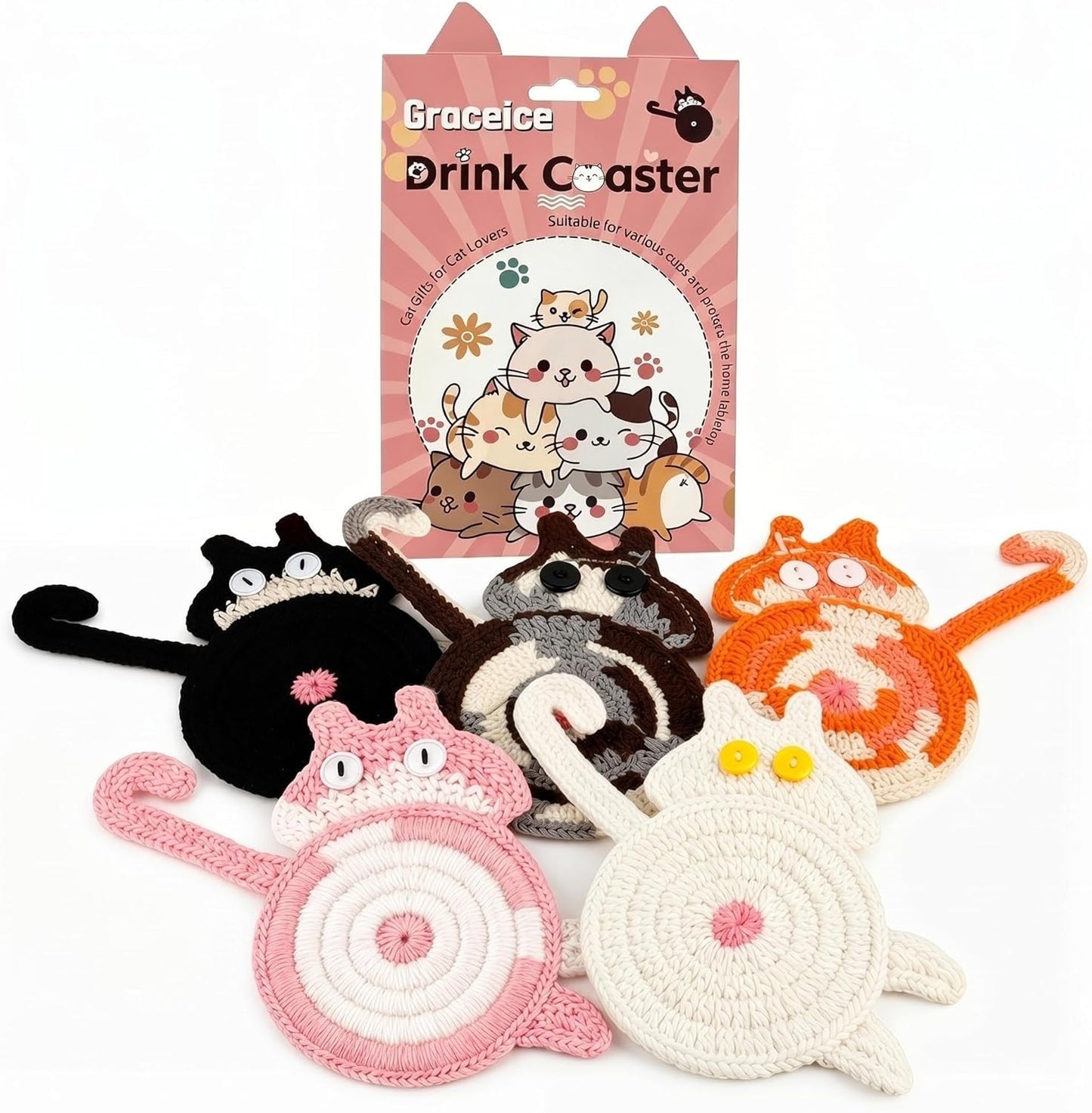 Cat Gifts for Cat Lovers 3PCS Cat Coaster Woven Creative Cute Cat Coaster Insulation Coaster Coffee and Tea Coaster Desktop Gifts