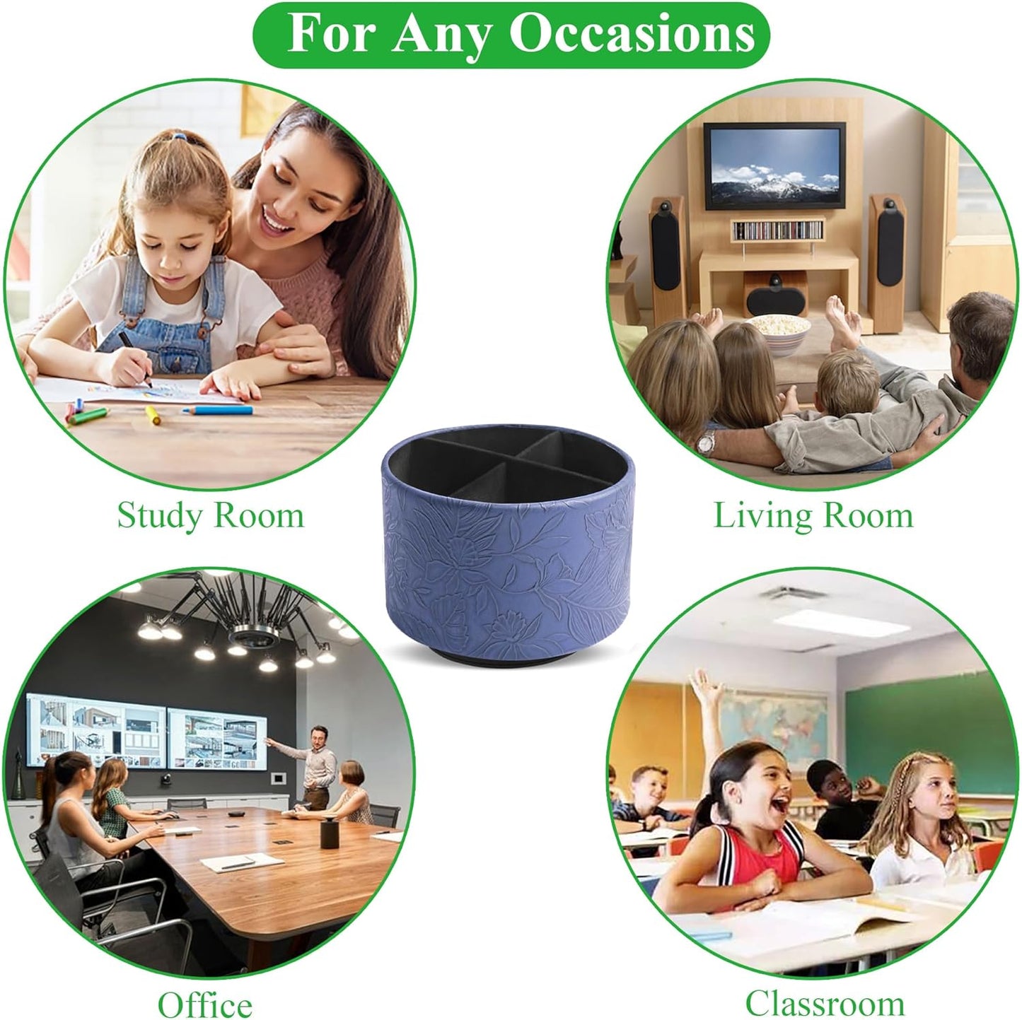 Round Leather Art Supply Organizer,Remote Control Holder,360 Degree Rotating,Multi-Functional Pencil Holder,4 Compartments Desktop Stationary Organizer(1-Fractal Flower) | Round - Colors A