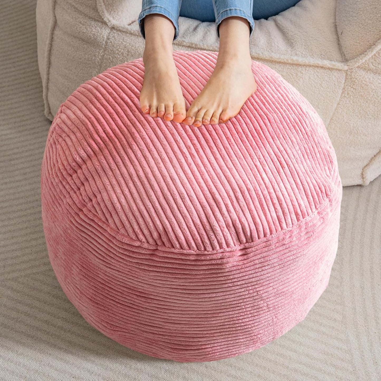 HIGOGOGO Round Stuffed Pouf Ottoman, Corduroy Poufs with Foam Chunk Filling, Furry and Fluffy Pouf Foot Stool Storage Ottoman, 20 X 15 Floor Poufs Foot Rest for Living Room, Dark Grey