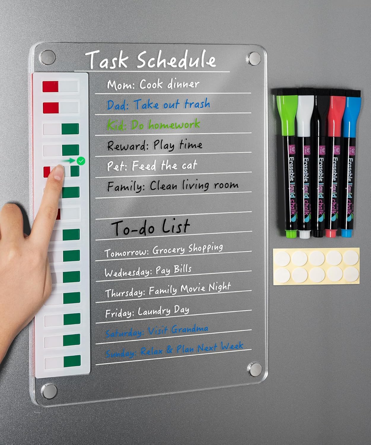 Magnetic Acrylic Dry Erase Board for Fridge, to Do List White Board with Sliding Buttons, 12"X8.2" Clear Chore Chart for Adults, Reusable Refrigerator Whiteboard Includes 5 Markers (White Line)