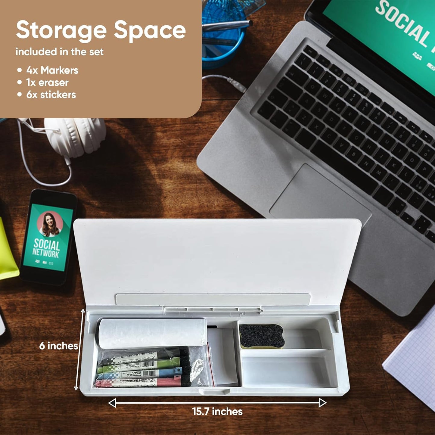Desktop whiteboard - Glass Desk Dry Erase board with storage- Desk buddy memo board for computer monitor- EXTRA STICKERS Weekly Organizer and Ruler- work from home and office