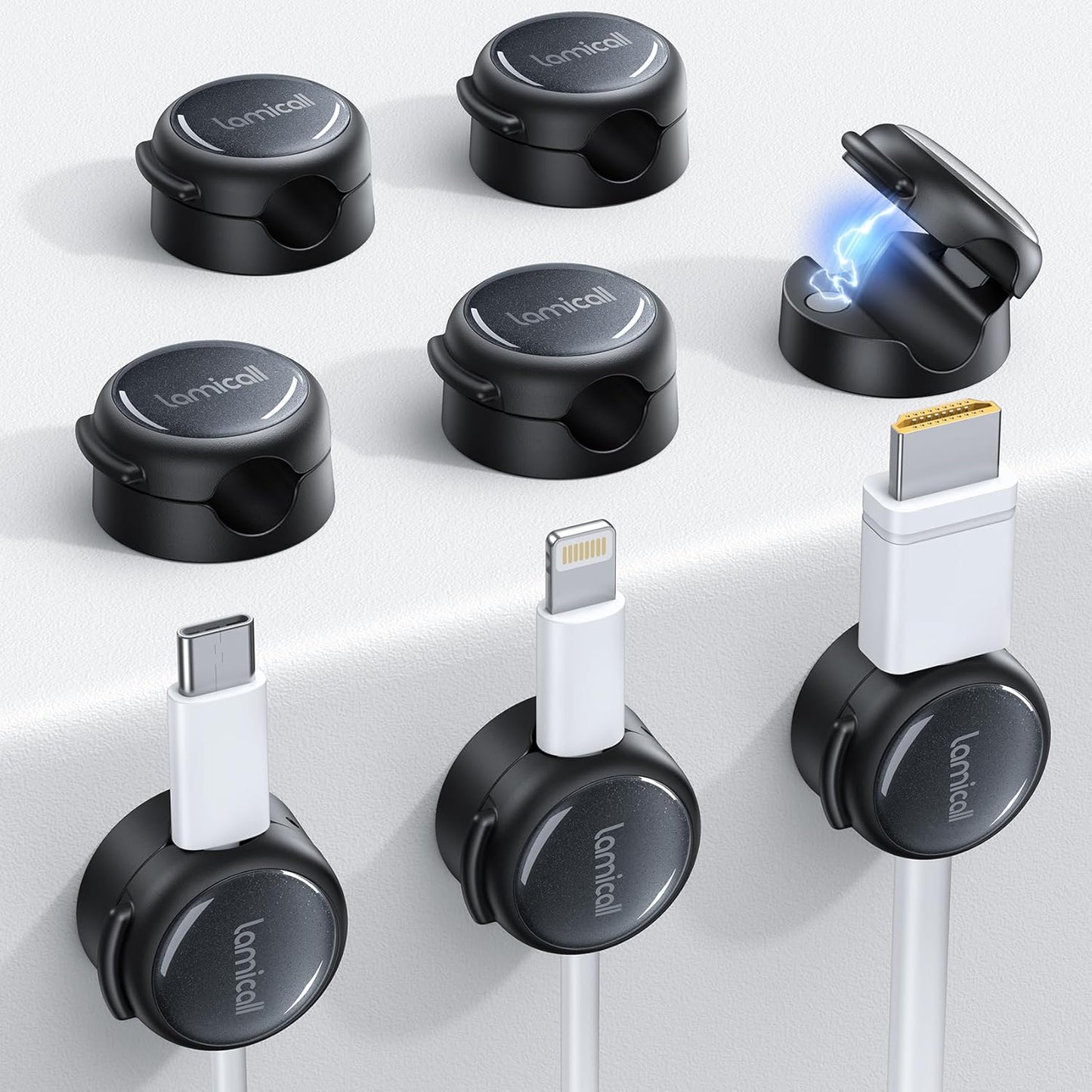 Lamicall 8 Pack Magnetic Cable Clips Cord Organizer - [Crystal-Clear & Silver Shine] Aesthetic Strong Adhesive Phone Charger Cable Management Clips for Nightstand, Home Office Desk Desktop Accessories