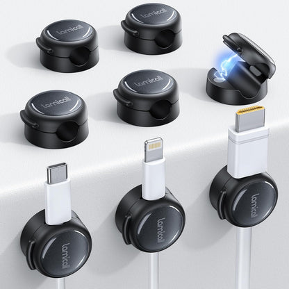 Lamicall 8 Pack Magnetic Cable Clips Cord Organizer - [Crystal-Clear & Silver Shine] Aesthetic Strong Adhesive Phone Charger Cable Management Clips for Nightstand, Home Office Desk Desktop Accessories