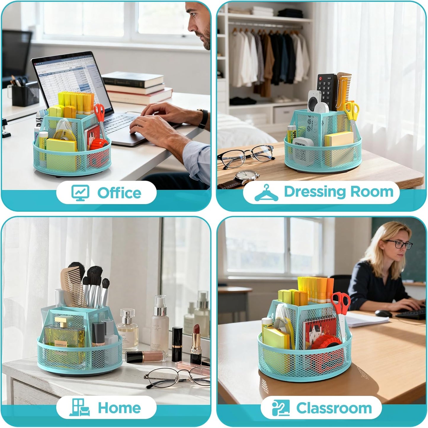 Docnest 360° Rotating Pen Holder,Heavy-Duty Metal Mesh Desk Organizer with 6 Compartments for Pencils,Scissors & Markers –Space Saving Office Supply for Teachers, Students & Home Desk-Black