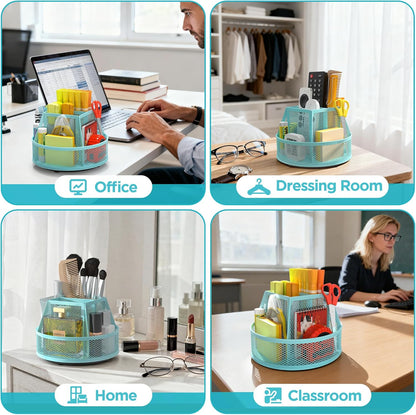 Docnest 360° Rotating Pen Holder,Heavy-Duty Metal Mesh Desk Organizer with 6 Compartments for Pencils,Scissors & Markers –Space Saving Office Supply for Teachers, Students & Home Desk-Black