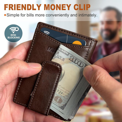 miyozi Airtag Wallet for Men- with Money Clip Gift Boxed, Magnetic Closure Slim Genuine Leather Front Pocket Wallet, 4.1"x 2.8", RFID Blocking