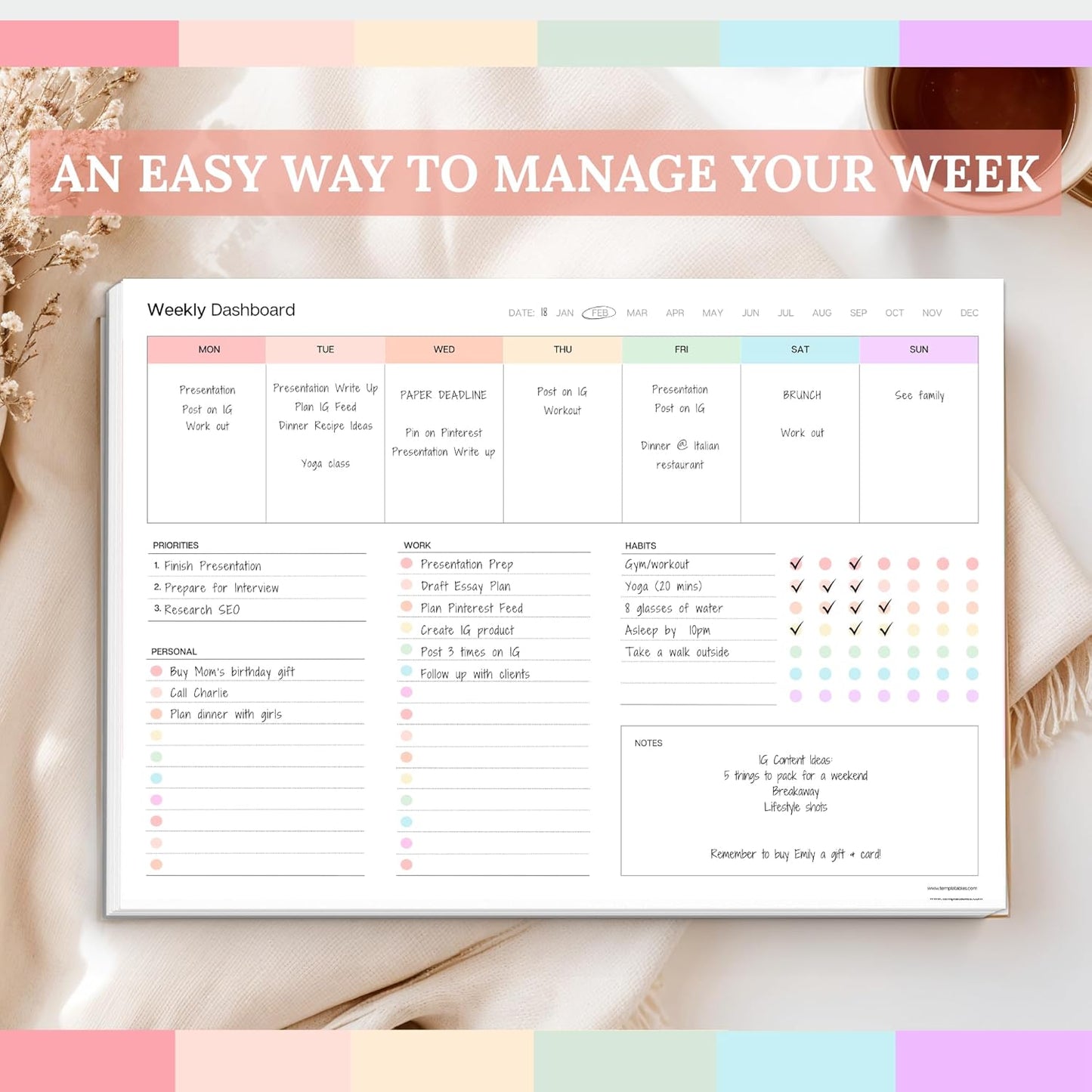 Weekly Dashboard To-Do List Notepad – Undated Weekly Planner with Habit Tracker & Notes – Minimalist A4 Layout for Productivity, Organization & Time Management (Mono)