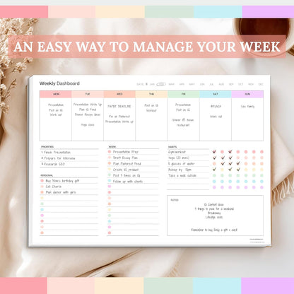 Weekly Dashboard To-Do List Notepad – Undated Weekly Planner with Habit Tracker & Notes – Minimalist A4 Layout for Productivity, Organization & Time Management (Mono)