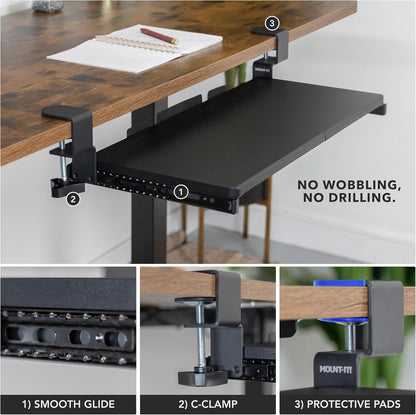 Mount-It! Under Desk Keyboard Tray, 30" Extra-Wide Clamp-On Slide-Out Drawer, Holds 11 lbs, Fits Desks up to 1.77" Thick, No-Drill C-Clamp Mount