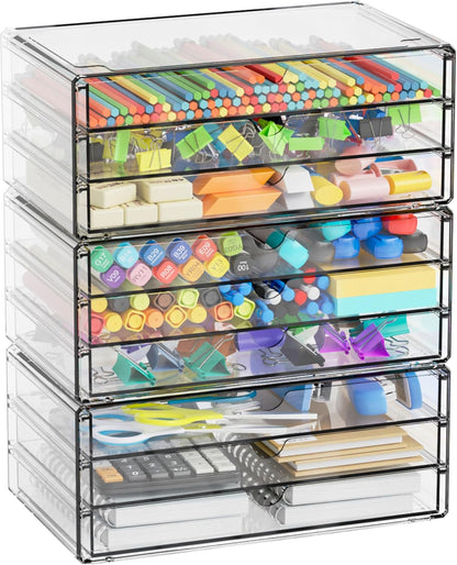 Yieach 9 Pack Small Acrylic Drawers With 18 Drawers,Clear Drawer Organizers Stackable,School,Office Supplies Organizer And Storage Bins for Stationery,Pen,Pencil,Craft,Glasses,Sunglass Organizer Case
