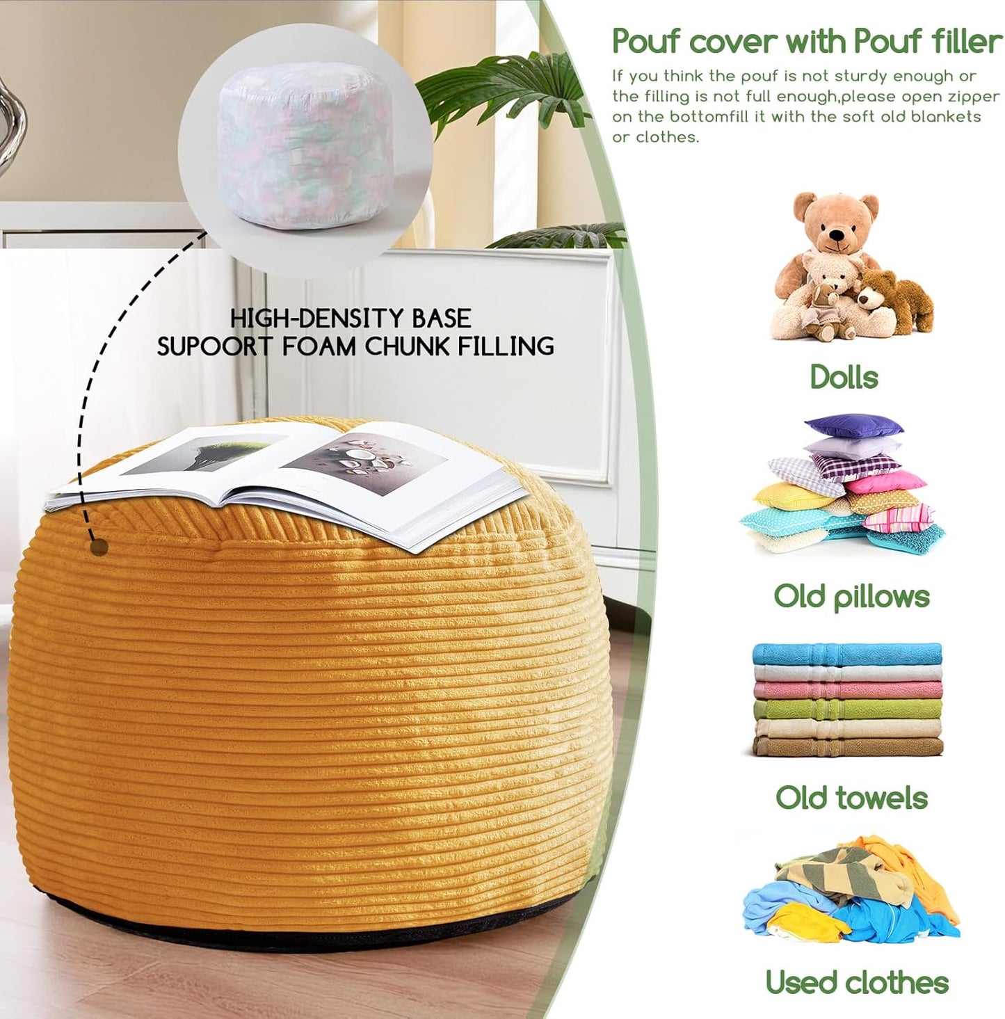 HIGOGOGO Round Stuffed Pouf Ottoman, Corduroy Poufs with Foam Chunk Filling, Furry and Fluffy Pouf Foot Stool Storage Ottoman, 20 X 15 Floor Poufs Foot Rest for Living Room, Dark Grey