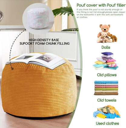 HIGOGOGO Round Stuffed Pouf Ottoman, Corduroy Poufs with Foam Chunk Filling, Furry and Fluffy Pouf Foot Stool Storage Ottoman, 20 X 15 Floor Poufs Foot Rest for Living Room, Dark Grey