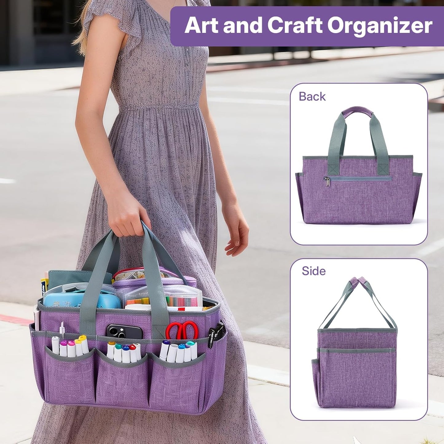 Craft Organizer Tote Bag, Art Organizer, Craft Caddy with Multiple Pockets, Storage Bag for Sewing Tools, Art Supplies, Home and Office (Cat Print)