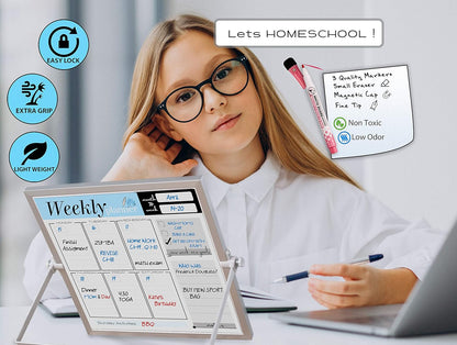 Dry Erase White Board for Desktop & Wall 12"x16" with 2 Magnetic Removable Planners - Weekly & Monthly to Do List Board with Stand, 6 Markers Eraser & Wall Hangers - Portable Double Sided Magnetic