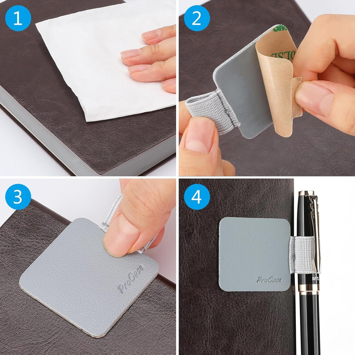 ProCase (5 Pack) Pen Loop Holder for Notebooks Journals Planners Tablet Case, Self Adhesive Leather Pencil Holder with Elastic Loop for Pens, Apple Pencil, Stylus Pen -Black
