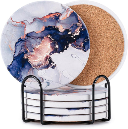 6Pcs Drink Coasters with Holder, Marble Style Ceramic Drink Coaster, Absorbent Coasters Set Suitable for Kinds of Cups, Modern Style Coaster for Coffee Table, 4 Inches