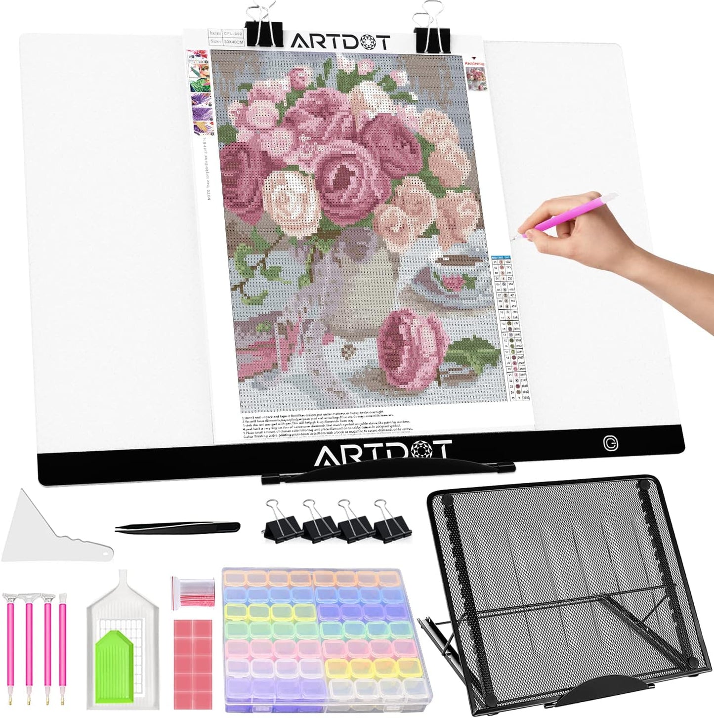 ARTDOT A3 LED Light Pad for Diamond Art Kits for Adults, USB Powered Light Board Kit, Adjustable Brightness with Diamond Painting Tools Detachable Stand and Clips