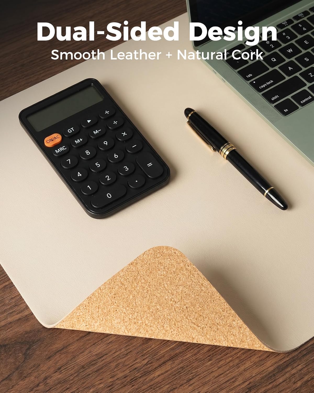 Aothia Dual-Sided Desk Pad - 25.6x13.7 inches Leather Desk Mat, Natural Cork Desk Pad Protector, Large Mouse Pad for Desk, Waterproof Desk Blotter Pad, Desk Writing Pad for Office Work/Home, Black