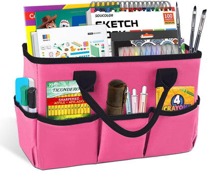 Desktop Tote and Stock Organizer, Teacher Helper Tote Bag Organization for Arts, Books, Stationery, Office Desk Organizer, Make-up Storage Tote with Handles for Travel, Black-Gray