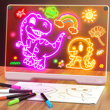 16-Inch Rechargeable LED Drawing Board, 9-Color Light Modes, Neon Art Dry Erase Light Up Doodle Glow Pad with Built-in Stand, Sketching Gift Toy for Kids/Girls/Teens, 7 Markers & Tracing Book