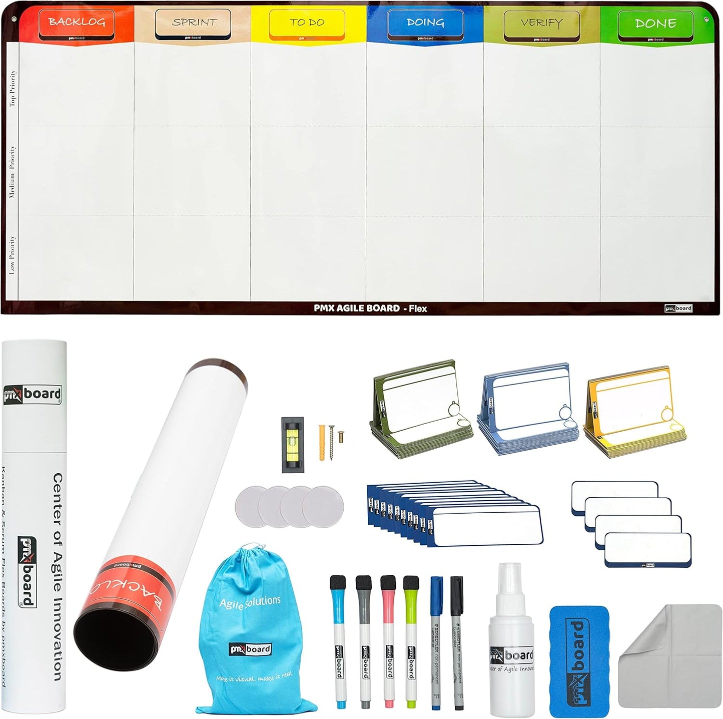 4 Column Magnetic Kanban Board, Scrum Board Flex Whiteboard Kit. Agile Kit, 64 Magnetic Kanban Cards Kit, Scrum Cards Set. Project Management Board for Project Planning, Kanban Whiteboard Kit