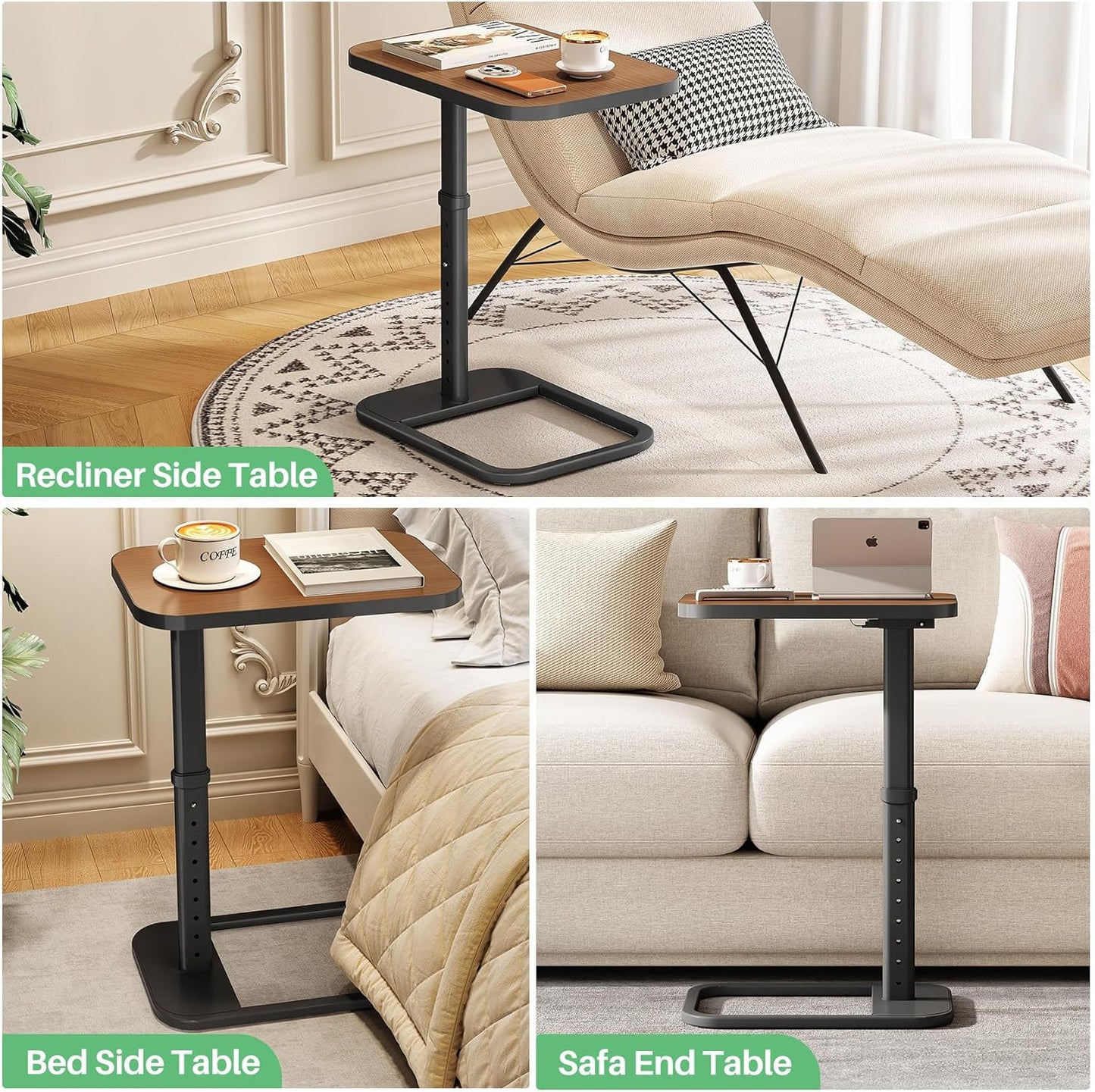 Kitstorack TV Tray Table, Adjustable Height & Flip-Top & Rounded Metal Corners, Snack Table for Couch, Sofa, Bed, Chair, Living Room, C Shaped End Side Table for Eating, Dinner or Laptop, Small Spaces