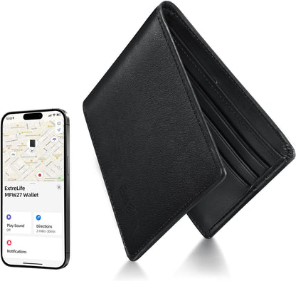 Wallet for Men, Built-in Bluetooth Tracker with Apple Find My (iOS Only), RFID Blocking Bifold Mens Air Tag Wallet with GPS Tracker, Rechargeable Wallets Finder, Gift for Him, Carbon Black